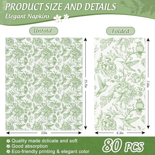 80Pcs Green Floral Birds Paper Guest Napkins Flower Bathroom Napkins Vintage Disposable Hand Towel Napkin for Home Holiday Party Supplies