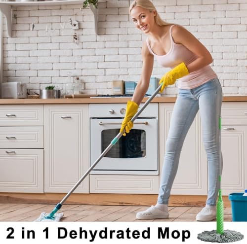 2 in 1 Dehydrator Mop, SelfWringing Water Mop, 360 Degree Sp-in Round Wall Cleaning Mop, Twist Mop, Microfiber Mop Wet and Dry, Quick Drying Floor Mop, for Bathroom Floor Wall Cleaning