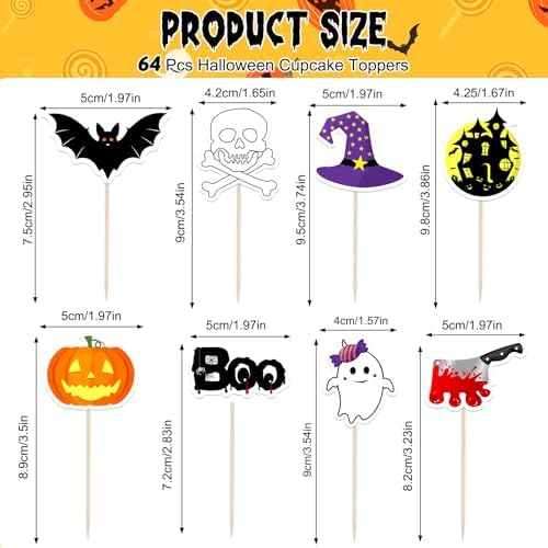 NEBURORA 64 Pcs Halloween Cupcake Toppers,Pumpkin Bat Ghost Boo CupCake Picks Cake Decorations for Halloween Party Decorations Supplies
