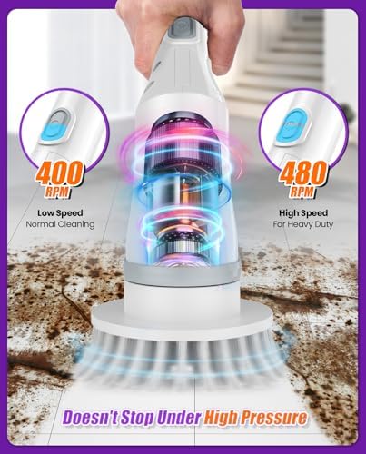 6-in-1 Electric Spin Scrubber, Cordless Power Scrubber with 47.2" Long Extendable Handle, IPX7 Waterproof 2-Speed Scrub Brush for Bathroom, Kitchen, Tile, Tub and Floor Cleaning, White-qb2
