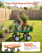 VEVOR 500 LBS Steel Garden Cart with Work Seat, Heavy Duty Garden Wagon Cart on Wheels, Outdoor Metal Utility Yard Wagon Gardening Stool with 10inch Flat Free Tires & Adjustable Handle, Green