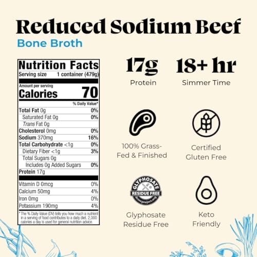 Kettle and Fire Reduce Sodium Beef Organic Bone Broth, Keto, Paleo, Whole 30 Approved, Gluten Free, 17g of Protein, Natural Source of Collagen, Pack of 6