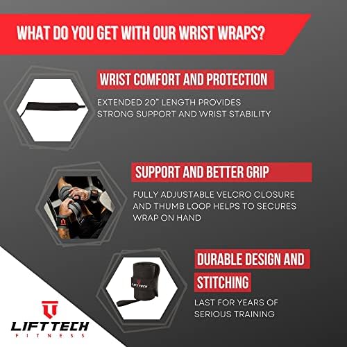 Lift Tech Fitness PRO 20'' Lifting Wrist Wraps - Wrist Wraps for Weightlifting Men and Women Suitable - Thumb Loop Wrist Straps for Crossfit, Strength Training - Pair of 2