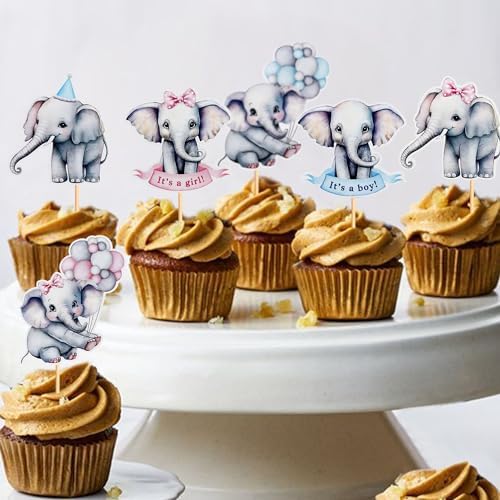 24Pcs Blue Elephant Cupcake Toppers It's a Boy Cupcake Picks for Elephant Theme Gender Reveal Baby Shower Kids Boys Birthday Party Cake Decorations