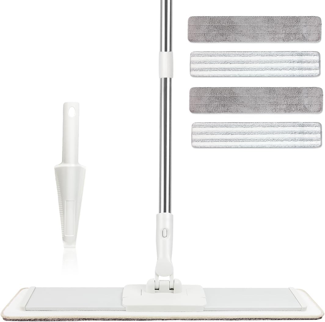 CQT Commercial Flat Microfiber Floor Mop Cleaning System 20" Wet Dry and Dust Hardwood with 4 Washable Pads Cleaner for Laminate Tile Stainless Steel Handle and Extension (PT15 New)