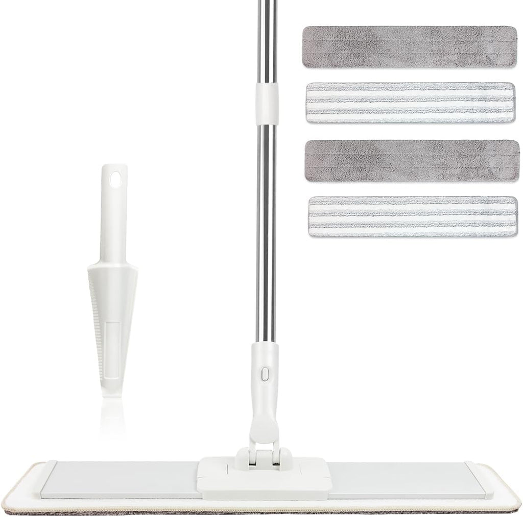 CQT Commercial Flat Microfiber Floor Mop Cleaning System 20" Inch Wet Dry and Dust Hardwood with 4 Washable Pads Cleaner for Laminate Tile Stainless Steel Handle and Extension (White)