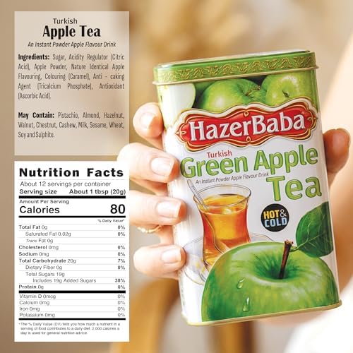 Hazer Baba Instant Drink Mix with Green Apple Flavor, Tin Box, 8.8 Oz (Pack of 1), Fruity Natural Powder, Quick Hot or Cold, Water Enhancer, Juice, Smoothie, Vegan, Halal, Kosher