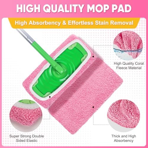 6-Pack Reusable Mop Pads Compatible with Sweeper Mop - 100% Coral Fleece Washable Refills - Microfiber Dry & Wet Sweeping Cloths for Multi-Surface/Hardwood Floor Cleaning- Pink