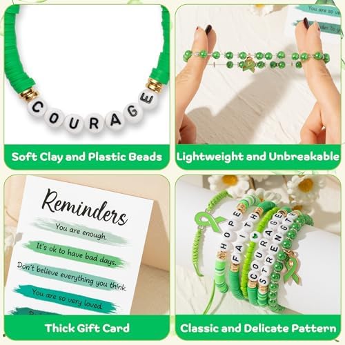 Y1tvei Mental Health Awareness Bracelets - 8Pcs Green Ribbon Faith Hope Clay Bead Bracelet with Reminder Card Gifts, Motivational Stackable Clay Beaded Stretch Friendship Jewelry Accessory for Women