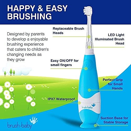 brush-baby - BabySonic Blue Electric Toothbrush, 0-36 Months - Soft, Gentle Vibrating Toothbrush for Sensitive Gums & New Teeth - with LED Light & Suction Base - Baby & Toddler Brush Heads