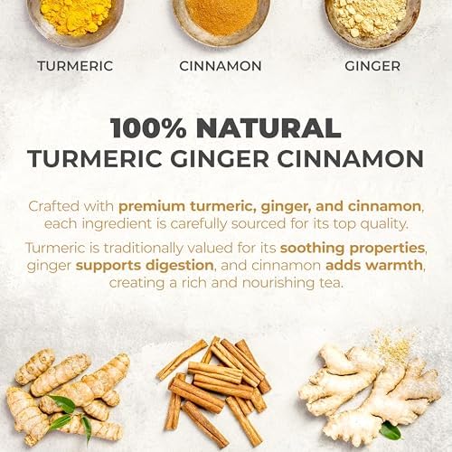 LeafLea 40 Turmeric Ginger Cinnamon Tea Bags, 100% Natural Ingredients Herbal Tea, Turmeric Ginger Herbal Blend for Wellness, Vegan, No Sugar, Caffeine-Free, Individually Wrapped for Freshness