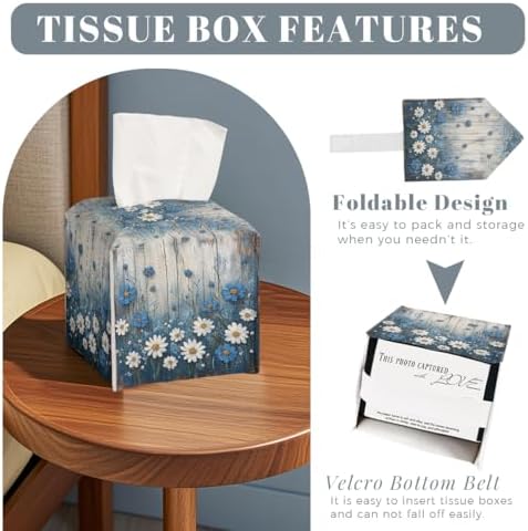 White Flowers Daisy Tissue Box Cover Rustic Floral Wooden Country Leather Tissue Box Holder Square Facial Paper Organizer Dispenser for Car Bathroom Bedroom Office Tabletop Decor
