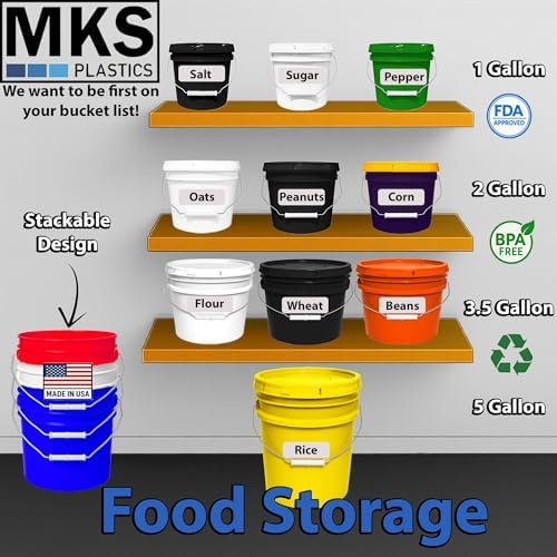 MKS Plastics 5-Gallon Bucket with Airtight Lid – Made in USA, Food Grade BPA Free Plastic, Heavy Duty Multi-Use, Metal Handle with Grip, Stackable Storage – Yellow, 3 Pack