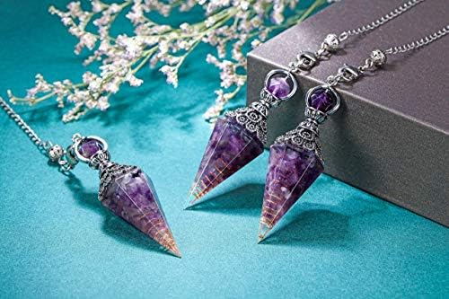 Jovivi Healing Crystal Pendulums for Dowsing Divination 6 Facted Hexagonal Pointed Cone Resin Chip Stones Reiki Wicca Spritual Gemstone Chakra Energy Pendant with Chain