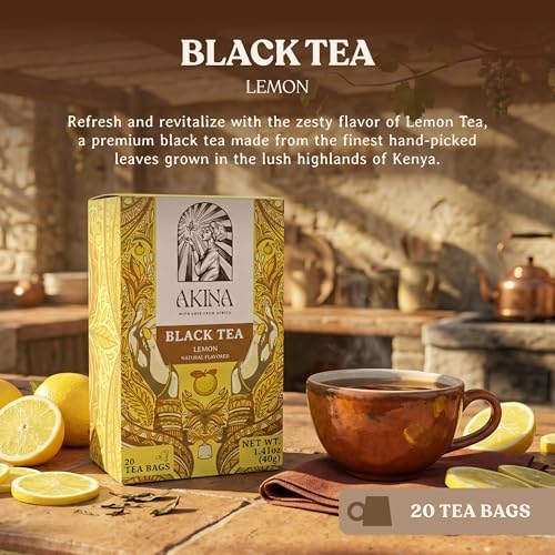 AKINA - Lemon Flavored Black Tea Bags, Individually Wrapped, Fruity Envelope Kenyan Lemon Tea Bags, Tangy and Zesty with Invigorating Aroma (Box of 20) (40g)