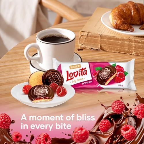 Roshen Lovita Cookies with Raspberry Jelly Filling, 4.76 oz, Golden Biscuit with Bright Raspberry Jelly & Smooth Chocolate Glaze, European Gourmet Cookies, Pack of 2