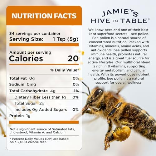 Jamie’s Hive to Table 100% Pure Bee Pollen Granules, 6 oz - Raw & Natural for Energy, Immunity, Skin Health, Antioxidants, & Vitality, Gluten Free