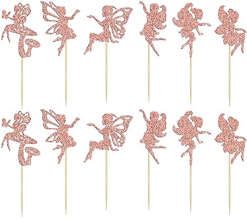 Gyufise 24Pcs Fairy Cupcake Toppers Glitter Flower Angel Fairy Ballet Dancer Cupcake Picks for Wedding Bridal Shower Baby Shower Birthday Party Cake Decorations Supplies Rose Gold