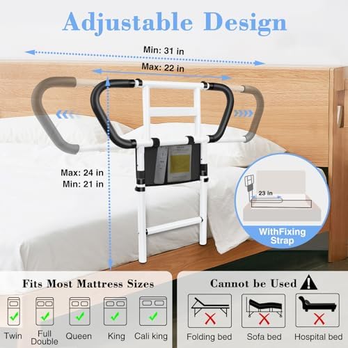 Bed Rails for Elderly Adults Safety: Adjustable Bedside Assist Rails with Storage Pockets, Non-Slip Handles, Items for Elderly Bed Rail, 400LB Gravity Capacity