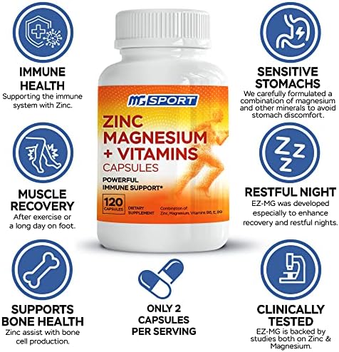 MgSport ZMA Supplement with Clinically Tested Zinc Magnesium for High Absorption - Enhanced with Vitamins B6 B9 for Muscle Recovery - Gentle on Stomach Formula, 120 Capsules