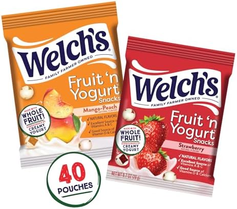 Welch's Fruit Snacks, Fruit 'n Yogurt Variety Pack, Strawberry, Mango Peach, Gluten Free, Bulk Pack, Single Serve, 0.7 oz Bags (Pack of 40)