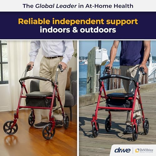 Drive Medical Rollator Walker with Seat - Stable Mobility Support - Height Adjustable - Durable Steel Frame Construction - Smooth 7.5" Wheels - Foldable Frame - 350 Lb Limit - Red