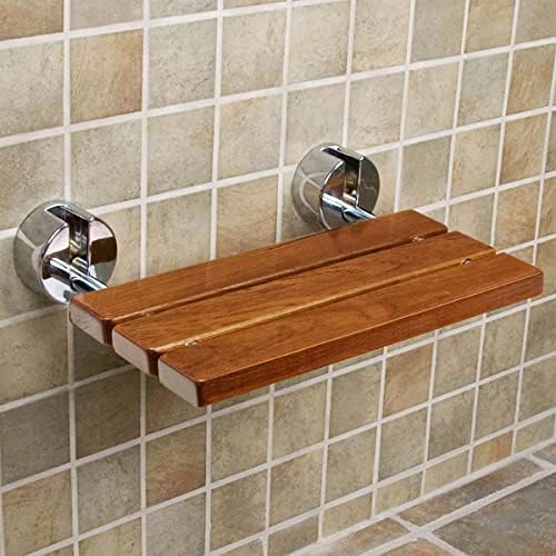 HomeAesthetics 20" Teak Wood Folding Wall Mounted Shower Seat Bench, Medical Wall Mount Foldable Fold Up Chair Bathroom Stool Foldaway Shower Seating, Clear Coated for Protection and Premium Smooth Fi