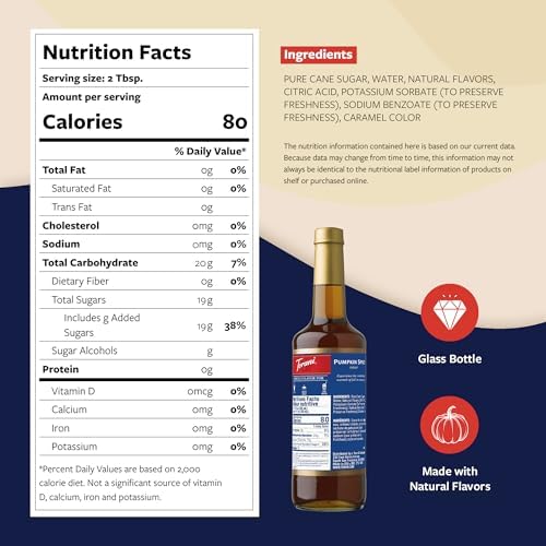 Torani Coffee Syrup, Pumpkin Spice Flavoring for Drinks, Glass Bottle with Pump Included, 25.4 Fl Oz