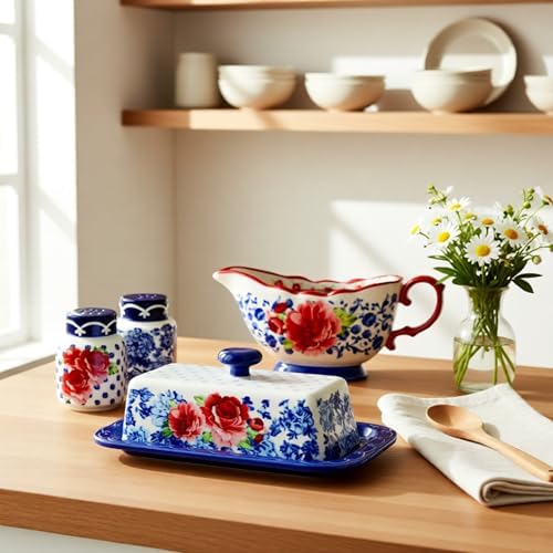 The Pioneer Woman Frontier Rose Butter Dish with Lid, Salt and Pepper Shaker Set and Gravy Boat, 5 Piece Set