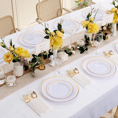 Supernal 200pcs Gold Plastic Silverware with Pocket Napkins-50 Sets, Heavy Duty Disposable Silverware with White Napkins-Disposable Party Tableware for Wedding, Birthday Party
