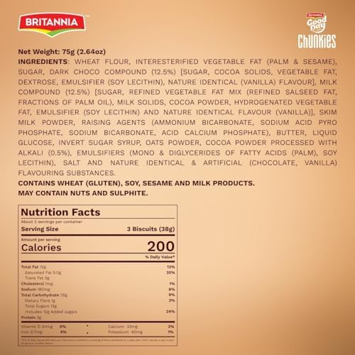 Britannia Good Day Chunkies Cookies Loaded with Choco Chips Crunchy | Pack- 75g(2.64 oz)