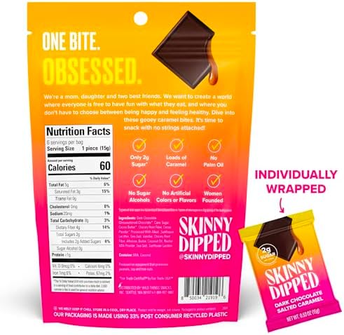 SkinnyDipped Dark Chocolate Salted Caramel Bites, 2g Sugar per Piece, Keto Friendly, Low Calorie Gluten Free, 4 Pack