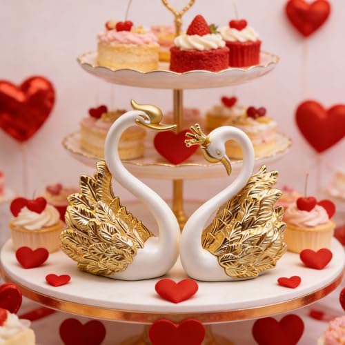 Swan Cake Toppers Set with Crown Swan Figurine Creative 2-Piece Cake Decoration for Birthday Wedding Desktop & Car Ornament