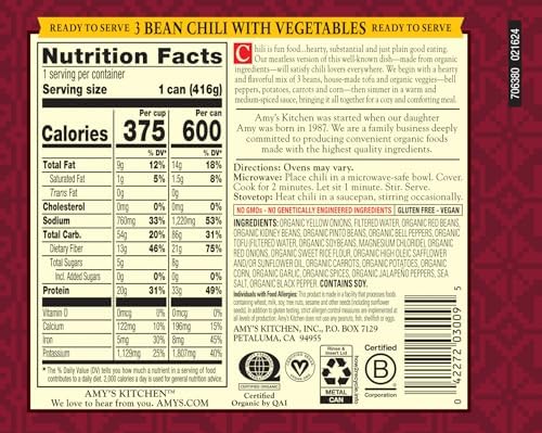 Amy's Kitchen Organic 3 Bean Vegetable Chili 6 Pack