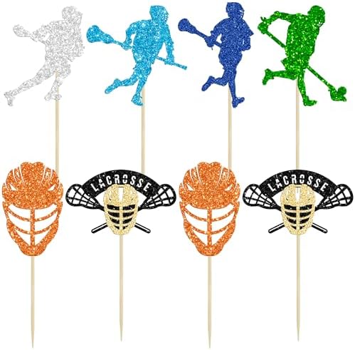 Gyufise 24Pcs Lacrosse Cupcake Toppers Glitter Lacrosse Party Decorations for boys Lacrosse Player Cupcake Picks for Lacrosse Sport Baby Shower Birthday Party Cake Decorations Black