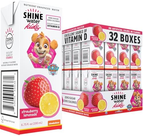 Shine Water x Paw Patrol Strawberry Lemonade Kids Juice Boxes with Vitamin D 32-Pack | No Added Sugar | Naturally Flavored Drinks for Kids | Vegan, Gluten Free, Zero Calorie Hydration