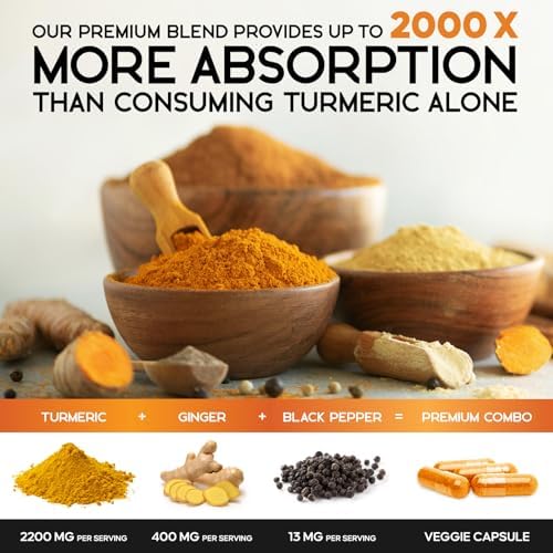 Turmeric Curcumin Supplement - 2000mg Organic Turmeric & 400mg Organic Ginger per Serving - 95% Curcuminoids & BioPerine Black Pepper for Best Absorption & Joint Support, Bottled in USA - 60 Capsules