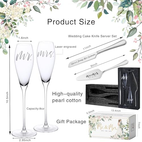 Engraved Mr and Mrs Champagne Flutes with Wooden Sign Set,Toasting Glasses for Bride and Groom,Wedding Cake Knife and Server Set with Just Married Banner for Reception and Ceremony