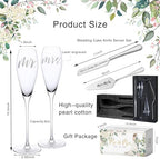 Engraved Mr and Mrs Champagne Flutes with Wooden Sign Set,Toasting Glasses for Bride and Groom,Wedding Cake Knife and Server Set with Just Married Banner for Reception and Ceremony