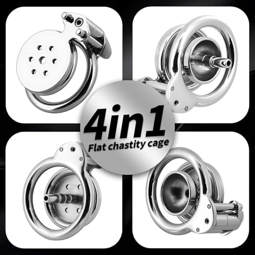 Flat Chastity Cage - 4IN1 Metal Chastity Device with Upgraded Invisible Lock & Chastity Belt, Stainless Steel Cock Cage with Penis Plugs & Tray Base, BDSM Bondage Gear Adult Sex Toys for Men (1.77in)