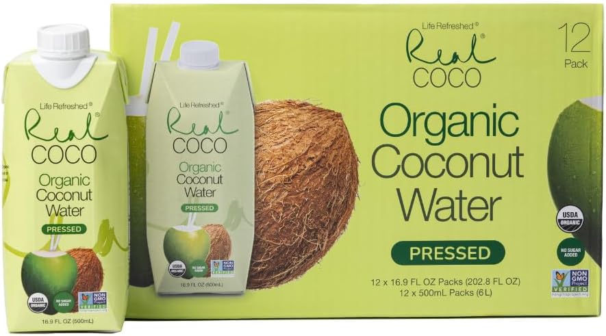 Real Coco Organic Pressed Coconut Water (12-Pack 500mL), USDA Organic, No Sugar Added, Essential Electrolytes, Plant Based, NON GMO, Dairy & Soy Free