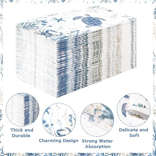 100Pcs Coastal Turtle Paper Napkins 3 Ply Blue Ocean Sea Turtles Disposable Absorbent Hand Towels Coral Starfish Guest Bathroom Napkin for Xmas Holiday Beach Wedding Birthday Dinner Party Supplies
