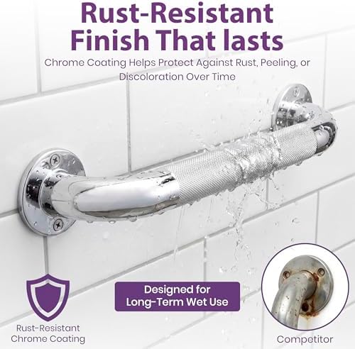 16 Inch Grab Bars for Bathtubs and Showers - Chrome Knurled Bathroom Safety Rail Handle - Non Slip Textured Grip Handicap Grab Bar for Seniors, 250 lbs Weight Support Capacity