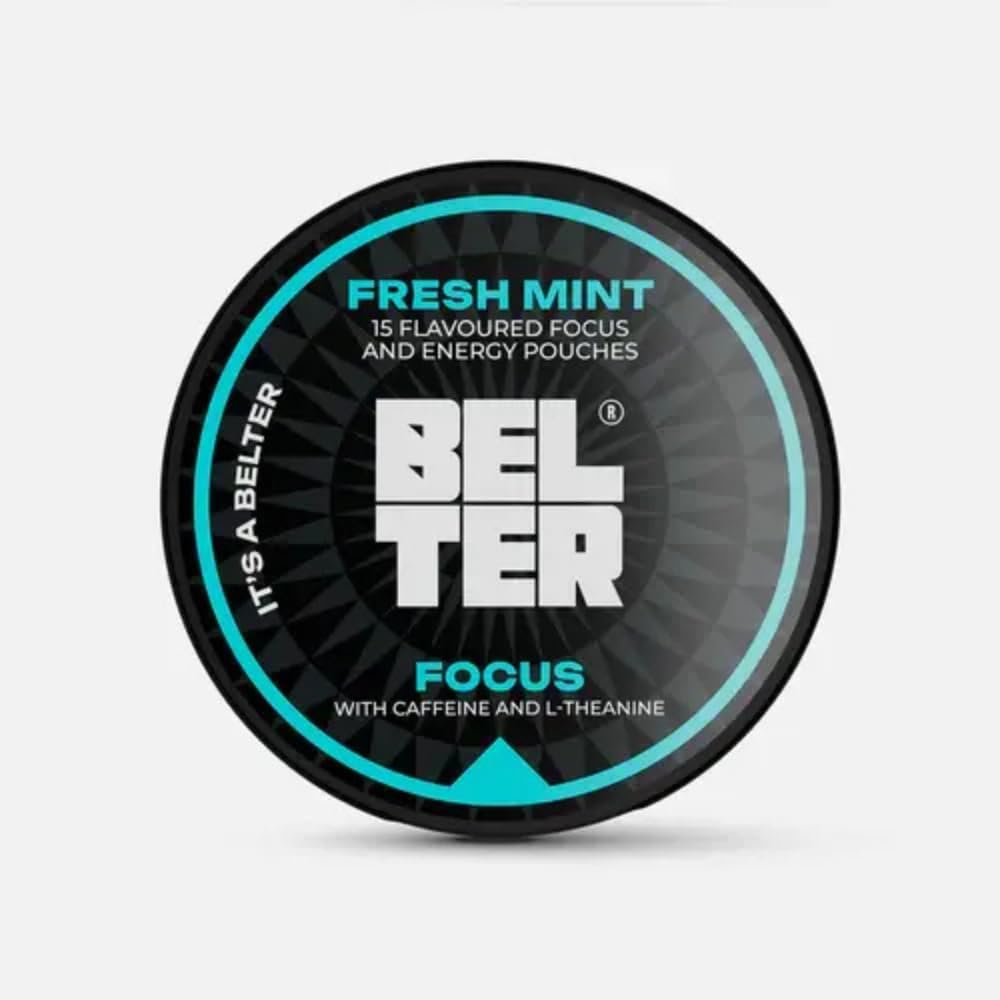 BELTER Focus - Fresh Mint - Caffeine Pouches - 15 Count - Fast-Acting - Zero-Calorie Energy Boost with L-Theanine - 96mg Caffeine Per Pouch - Ideal for Sports, Gym, Gaming, & Work