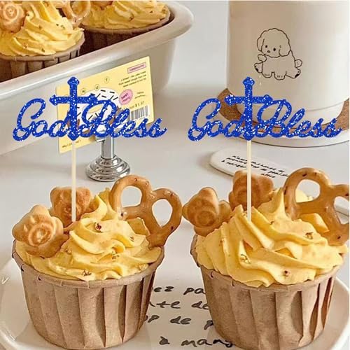 24Pcs Blue Glitter God Bless Cupcake Toppers Cross Babyshower First Communion Christian Baptism Theme Baby Shower Party Cake Decorations Supplies