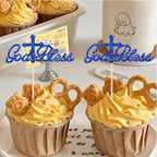 24Pcs Blue Glitter God Bless Cupcake Toppers Cross Babyshower First Communion Christian Baptism Theme Baby Shower Party Cake Decorations Supplies
