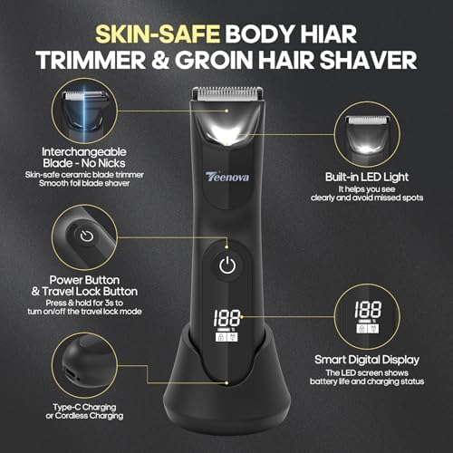 Electric Body Hair Trimmer Shaver - 3 in 1 Pubic Trimmer for Men - Bikini Trimmer for Women - No Nick Groin Ball Razor with Ceramic Blade Head, Wireless Dock Charging