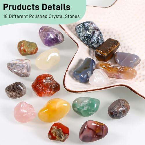 18 Pcs Healing Crystals and Stones Set, Natural Polished Gemstones, 0.8-1.2 Inch Tumbled Crystals, Lucky Pocket Stone for Reiki, Chakra Balancing, Meditation, Stress Relief