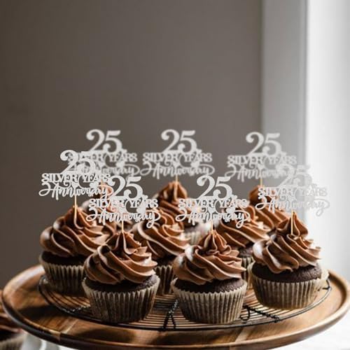 24 PCS 25th Anniversary Cupcake Toppers 25 Sliver Years Anniversary Cupcake Picks Cheers to 25 Years Wedding Anniversary Happy 25th Birthday Party Cake Decorations Supplies