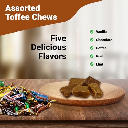 Toffee Candy Assorted - 1 Pound Bulk Chews, Toffee Candy Individually Wrapped - Five Delicious Flavors Vanilla, Chocolate, Coffee, Rum and Mint - Approx 75 Pieces